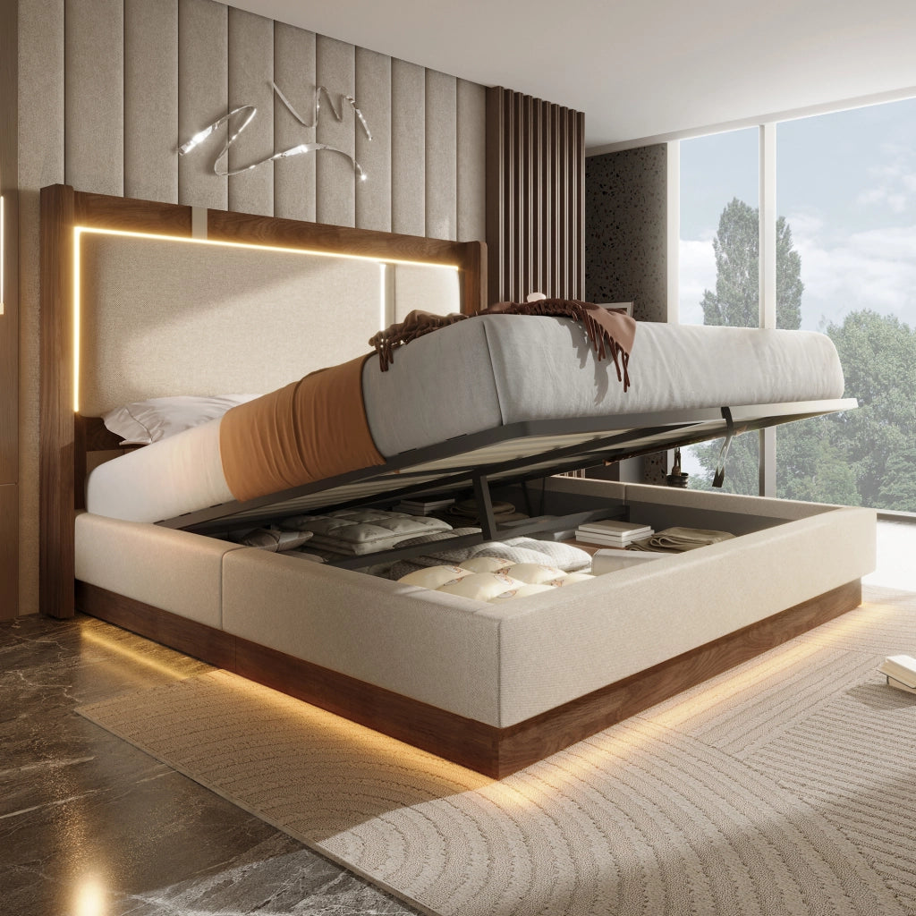 Letto matrimoniale imbottito 140x200 cm beige con contenitore