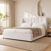 Letto a piattaforma imbottito 140x200 cm in velluto francese beige con rete a doghe