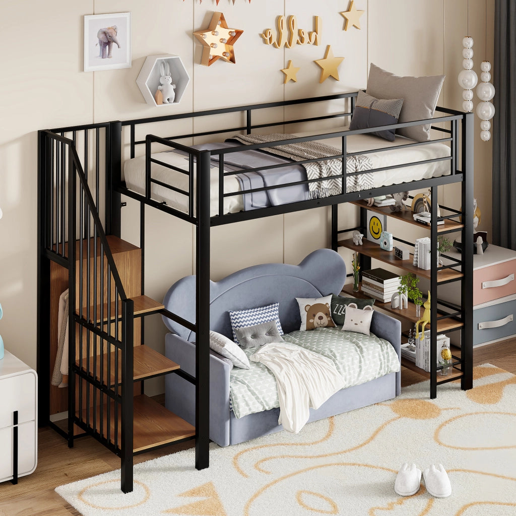 Letto a soppalco singolo 90 × 200 cm con scala contenitore guardaroba ripiani in metallo nero per bambini