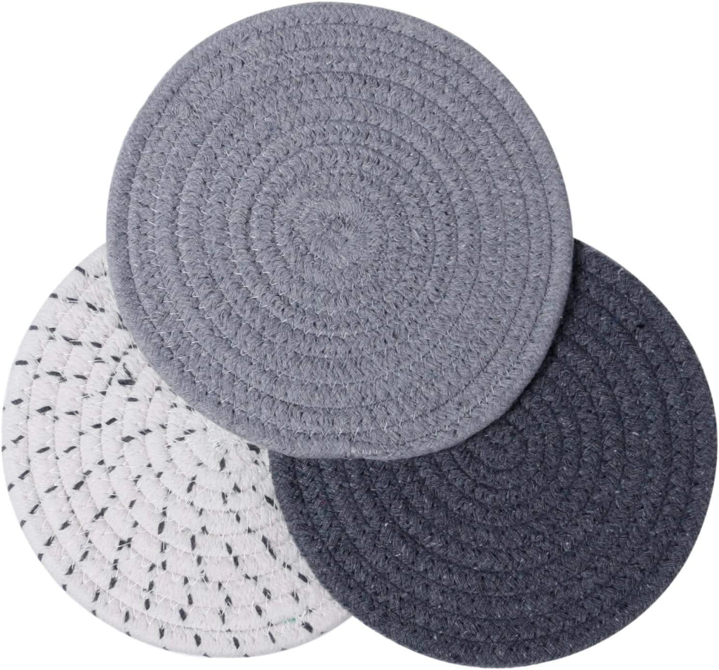 Set di 3 sottobicchieri intrecciati in filato di cotone, color grigio, diametro 17,8 cm