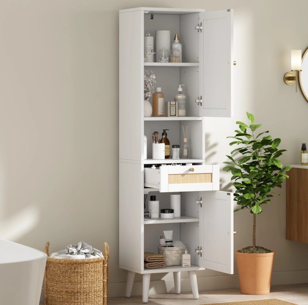 Mobile alto da bagno bianco 40 x 30 x 166 cm con ante reversibili e cassetto