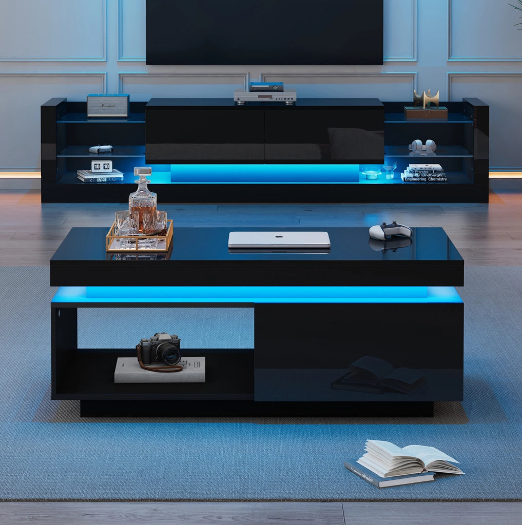 Set mobile TV e tavolino 181 x 38 x 38 cm nero lucido con LED
