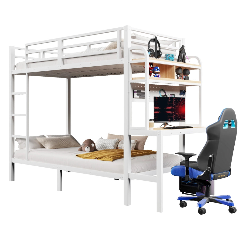 Letto a castello 90x200 cm in metallo con scrivania, mensole, luce LED, USB, con protezioni di sicurezza e scala, bianco