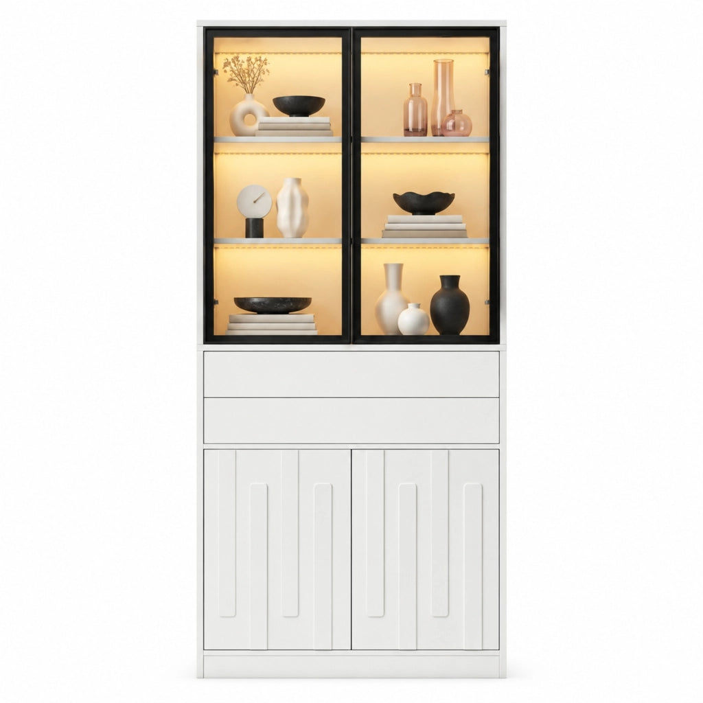 Vetrina alta 70x34x180 cm con LED Bluetooth; 4 ante e 2 cassetti in truciolare bianco