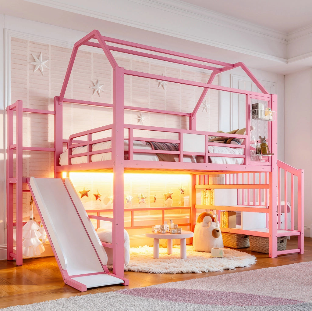 Letto a soppalco rosa a casetta con scivolo e scala