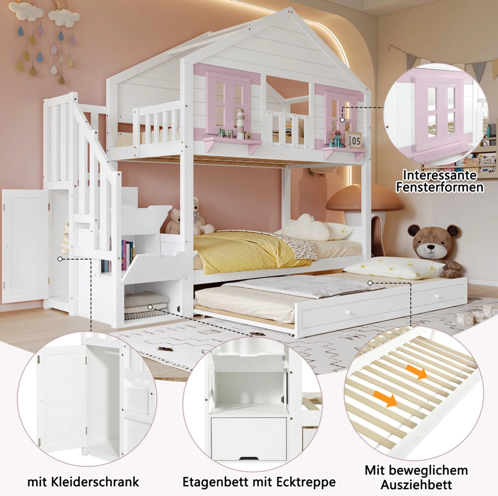 Letto a castello per bambini 90x200 cm con letto estraibile; pino e MDF; bianco e rosa