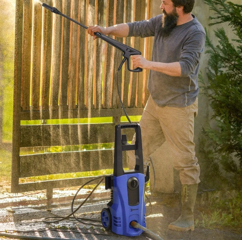 Idropulitrice 1800 W blu in alluminio, 150 bar con ruote, 5 pezzi