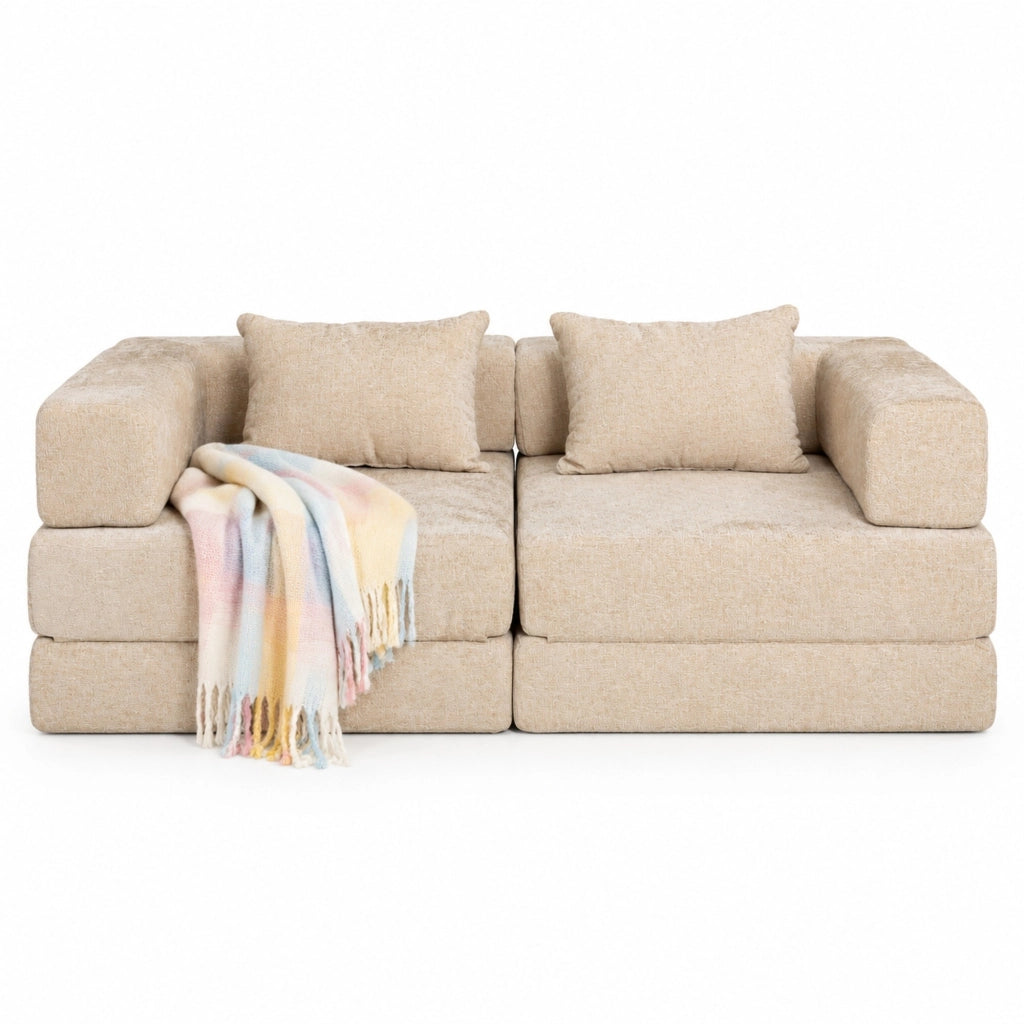 Divano letto pieghevole modulare in ciniglia beige