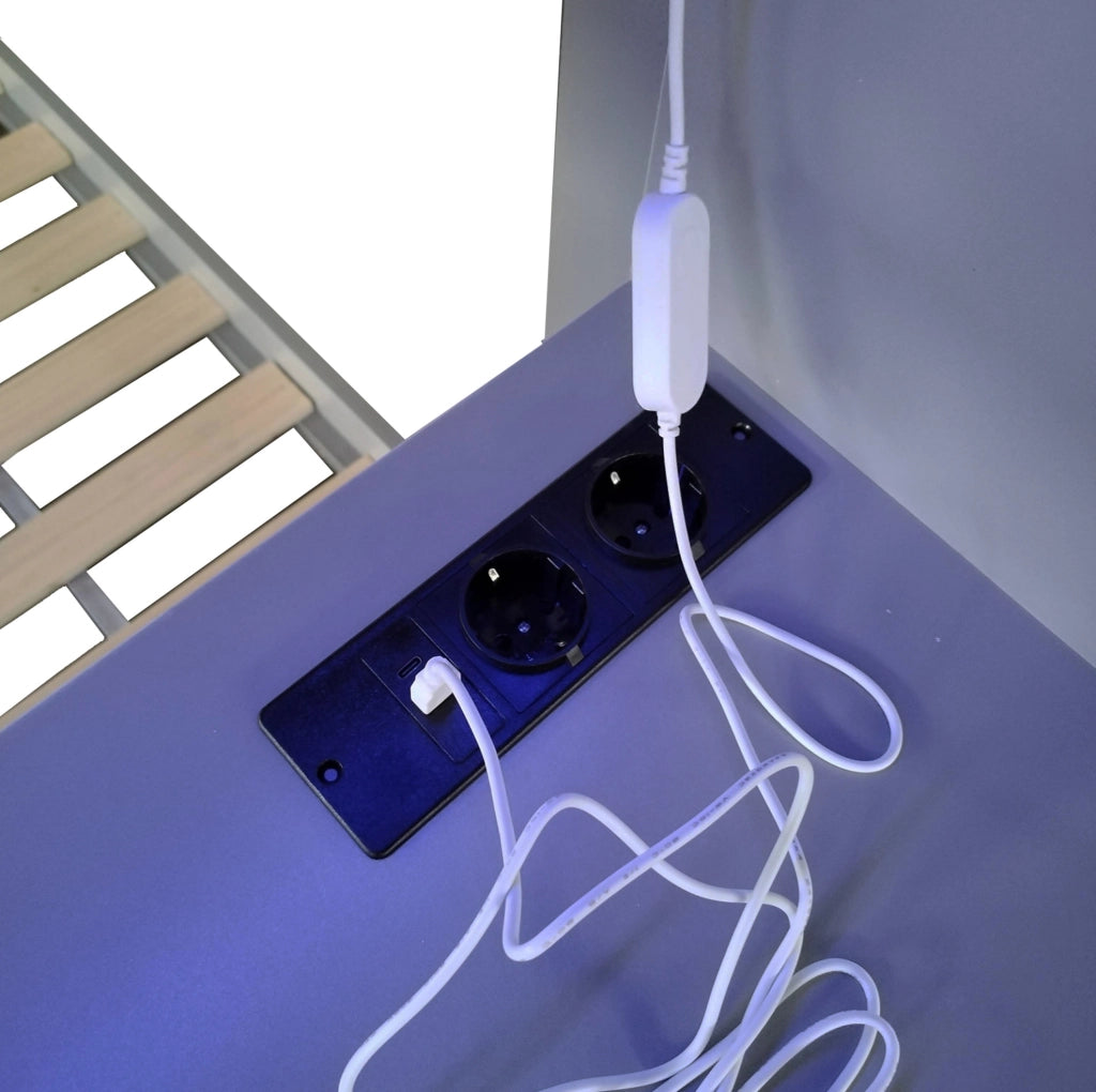 Letto a castello 90x200 con scrivania LED e cassetti grigio