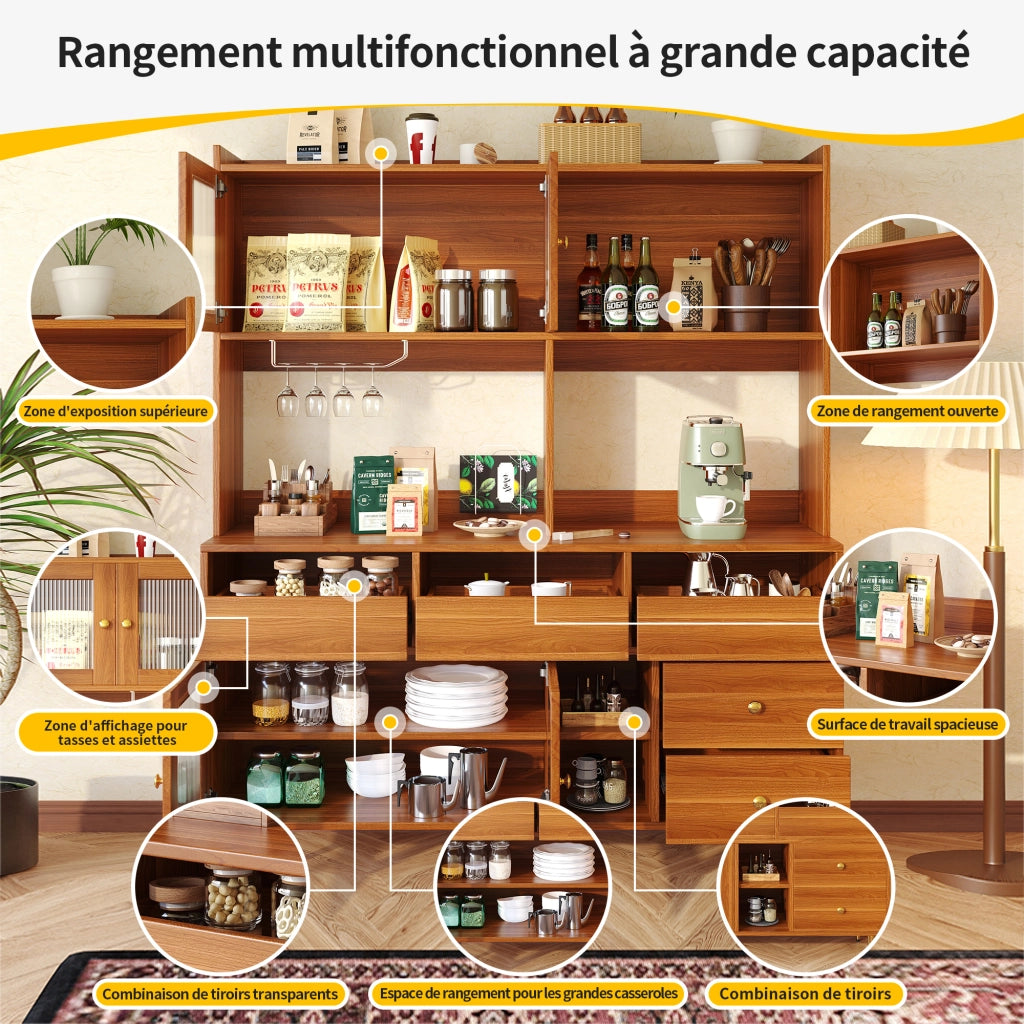 Credenza alta 145 × 39 × 171 cm in MDF marrone noce con porta in vetro scanalato portabottiglie cassetti e ripiani