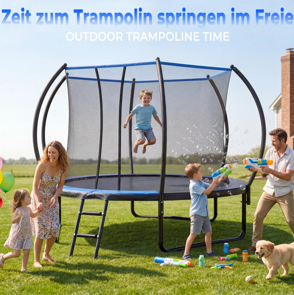 Trampolino rotondo 305 cm in acciaio nero e blu, rete di sicurezza, scala, da giardino