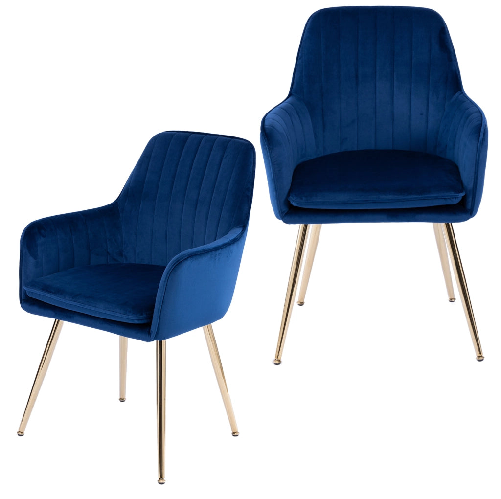 SEDIA da pranzo con braccioli in tessuto blu e gambe dorate, Set da 2 pezzi