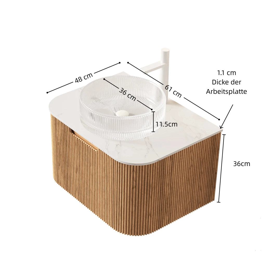 Mobile lavabo sospeso 61 cm in legno naturale, lavabo in vetro trasparente, bianco