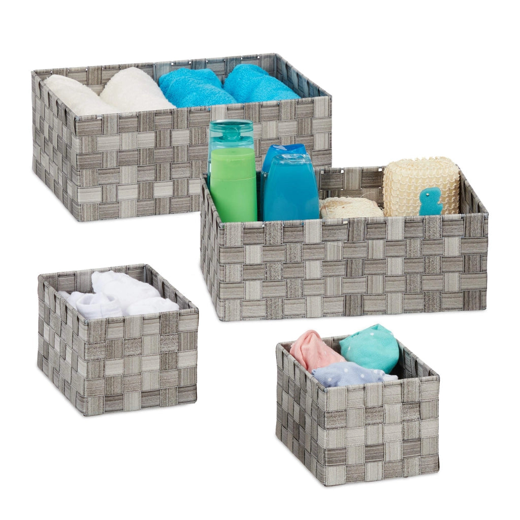 Set di 4 cesti rettangolari, intrecciati, di colore grigio