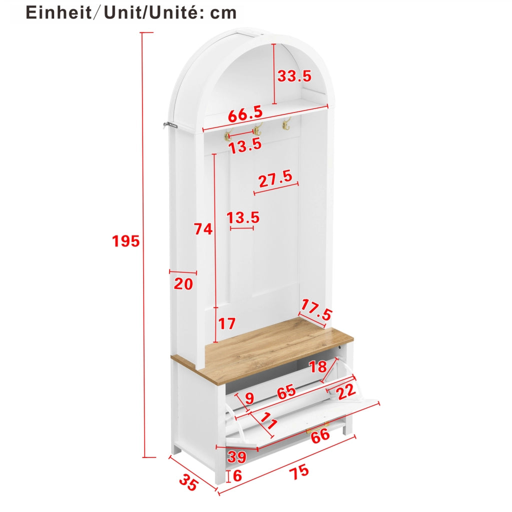 Guardaroba da ingresso 75x35x195 cm in MDF bianco e legno con scarpiera