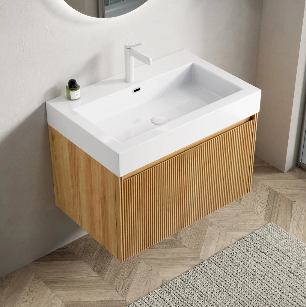 Mobile bagno sospeso 70 cm con lavabo integrato in resina bianca e corpo in compensato effetto quercia naturale