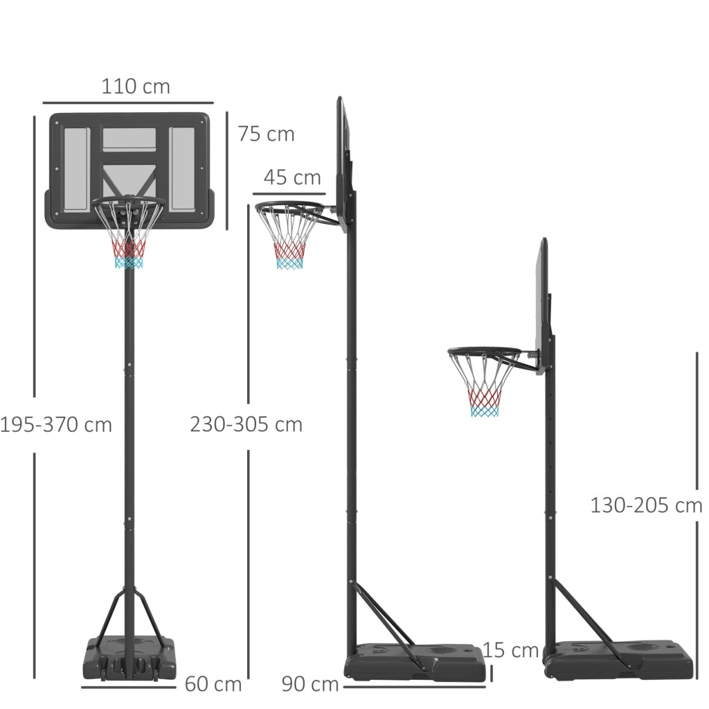 Canestro da basket su base regolabile 230-305 cm in metallo nero con ruote