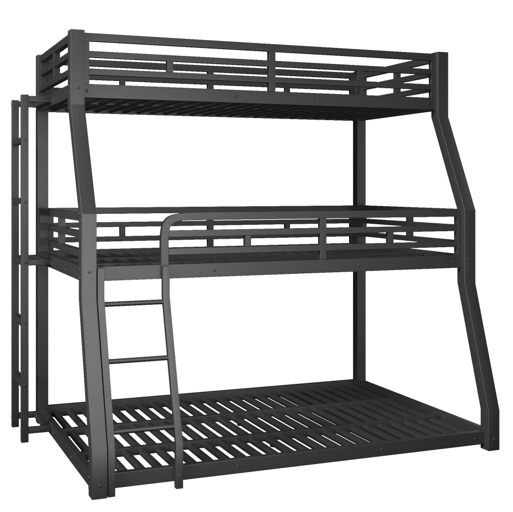 Letto a castello triplo in metallo nero 90 x 200 / 120 x 200 / 140 x 200 cm con scale regolabili per bambini, ragazzi e adulti, senza materasso