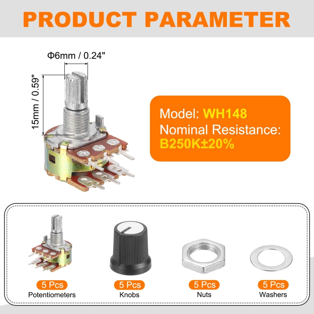 5 potenziometri WH148 B250K Ohm, a due poli, con albero da 15 mm