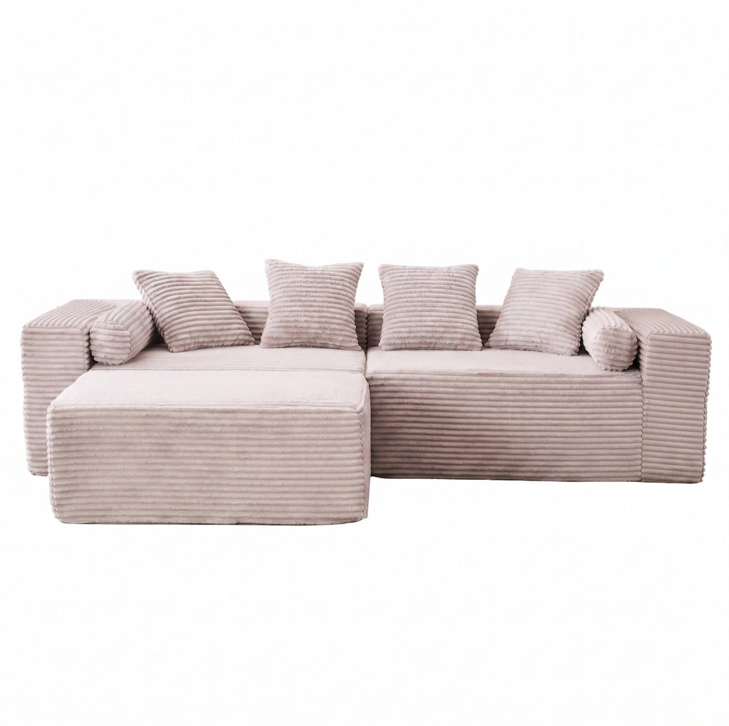 Divano modulare beige a tre elementi con chaise longue