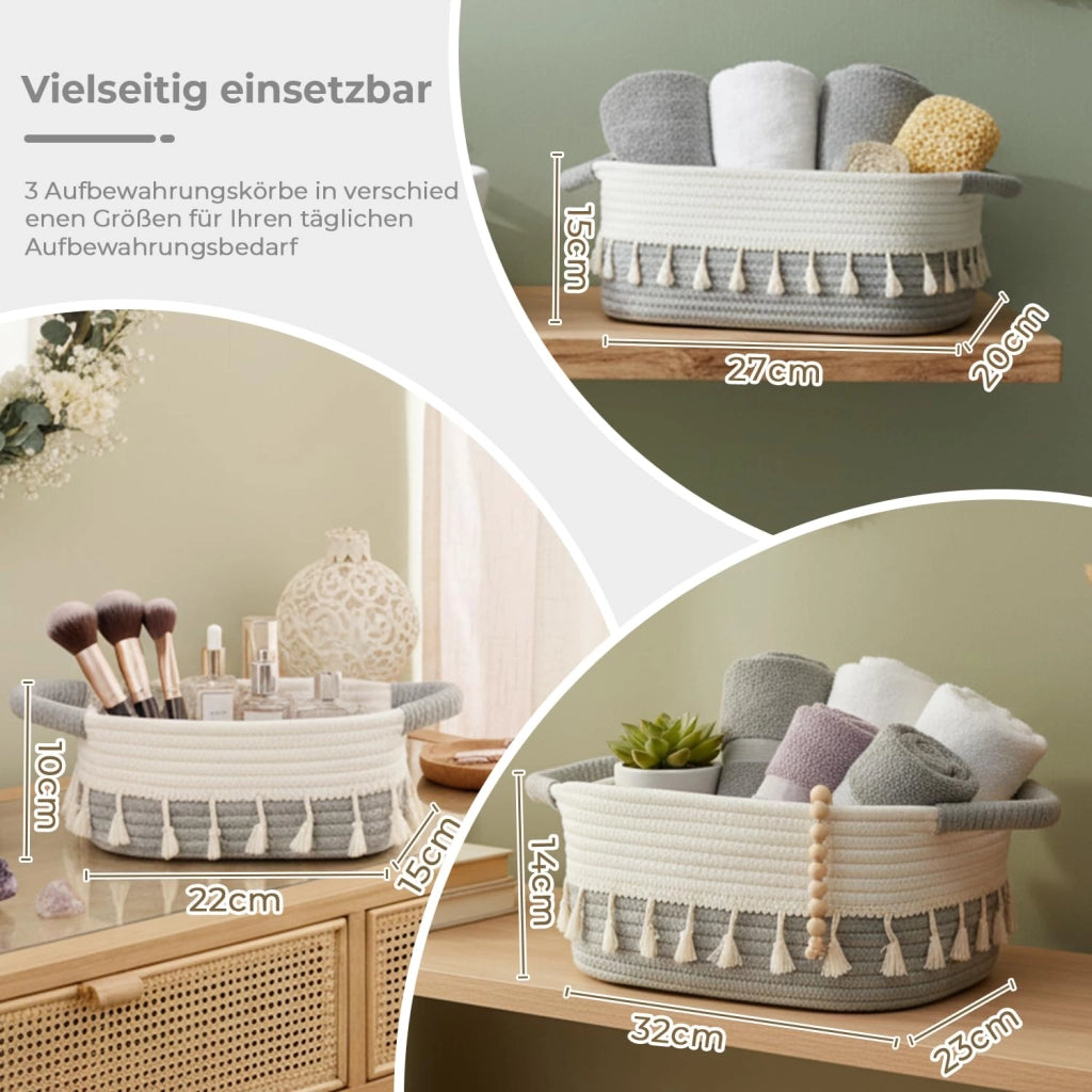 Cesti per riporre i cavi, set da 3, in cotone, bianco/grigio