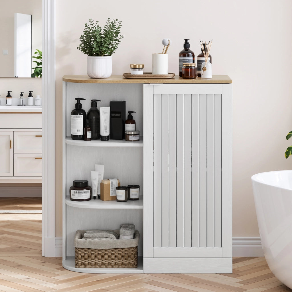 Mobile da bagno ad angolo 68 × 25 × 76 cm bianco e rovere con 3 ripiani aperti ante a griglia e ripiani regolabili
