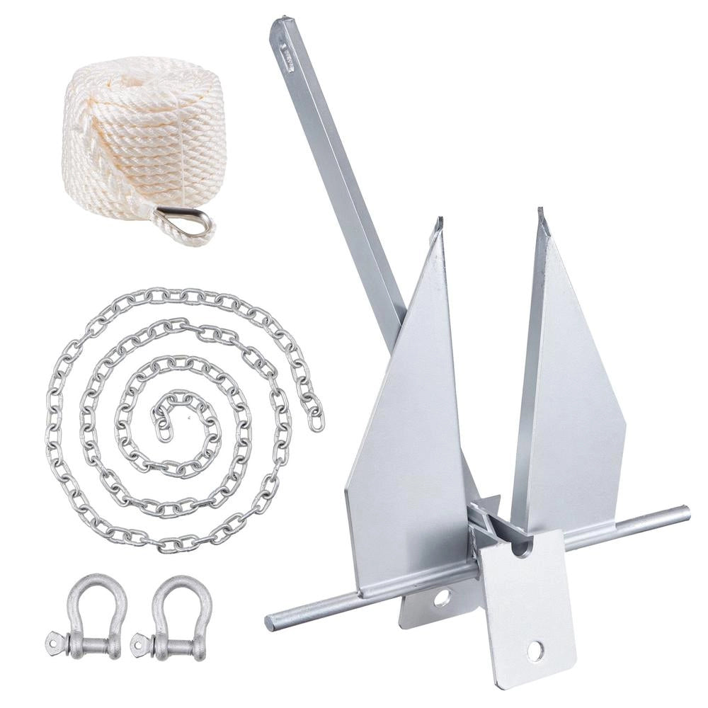 Kit ancora per barca 4 kg in acciaio zincato con catena 2,4 m, corda 22,86 m e 2 grilli 9 mm, robusto per scafi inferiori a 5,49 m