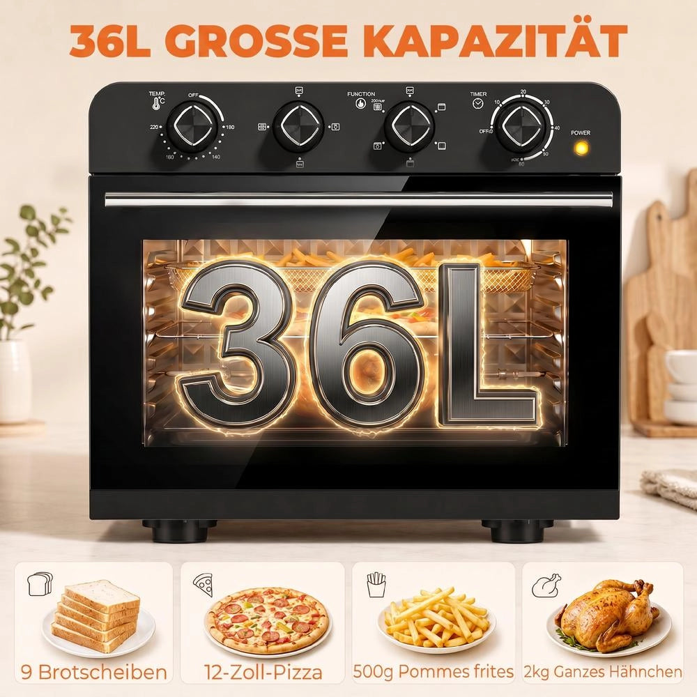 Mini fornetto elettrico ventilato e friggitrice ad aria 36 L con girarrosto 230 °C pratico e multifunzionale con teglia e griglia