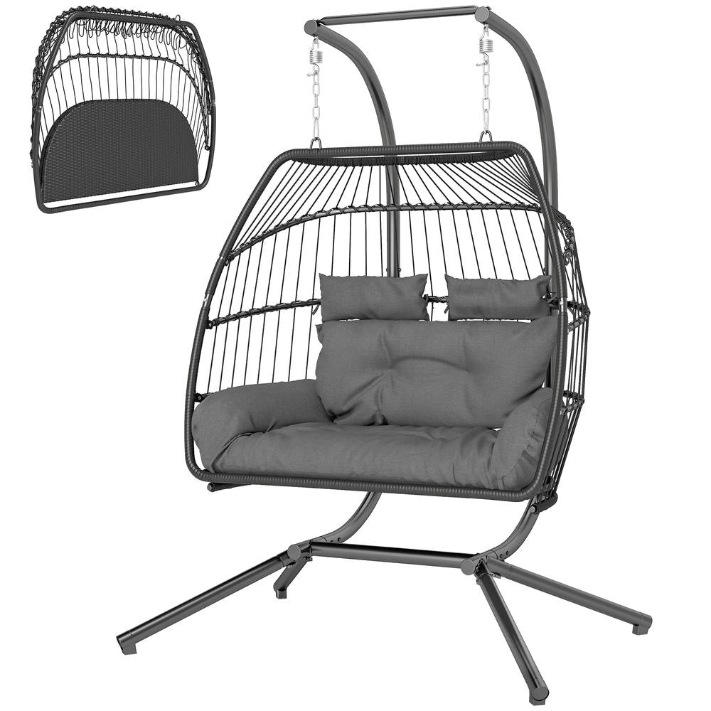 Poltrona Sospesa Pieghevole 2 Posti in Polyrattan e Acciaio con Cuscino, Grigio Scuro, Portata 260 kg, per Casa e Giardino