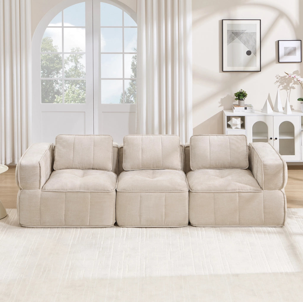 Divano modulare a tre posti beige in poliestere, senza montaggio