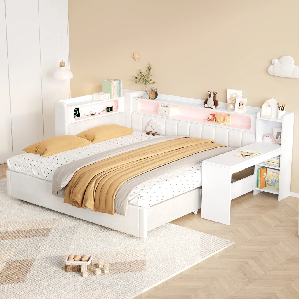Letto singolo imbottito estraibile con scrivania USB e illuminazione LED in MDF compensato e lino bianco