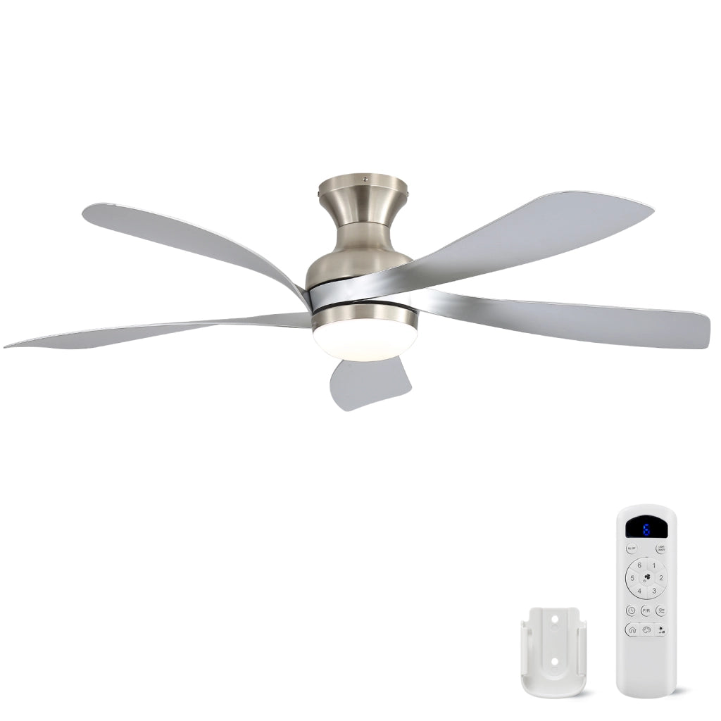 Ventilatore da soffitto a 5 pale con LED dimmerabile; motore DC silenzioso; telecomando e timer; nichel spazzolato