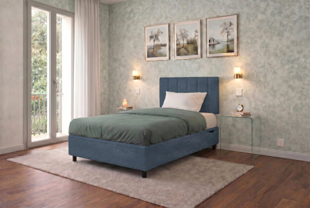 Letto Singolo Contenitore Imbottito 80x200 cm Microfibra Blu BoxMax Testata Vertical