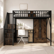 Letto a soppalco con armadio scala contenitore e cassetto in metallo e legno nero