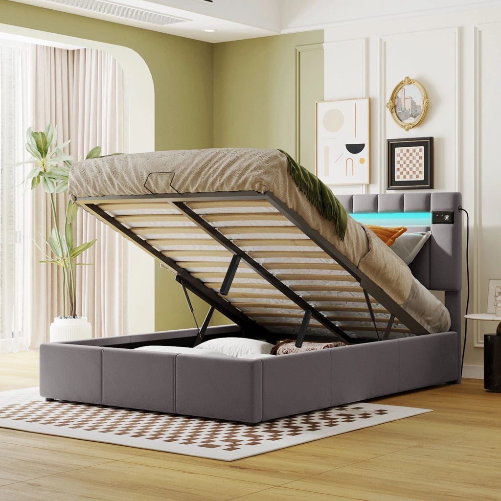 Letto imbottito con contenitore idraulico; LED; Bluetooth e 2 porte USB; 203 × 145 × 101 (106) cm; grigio