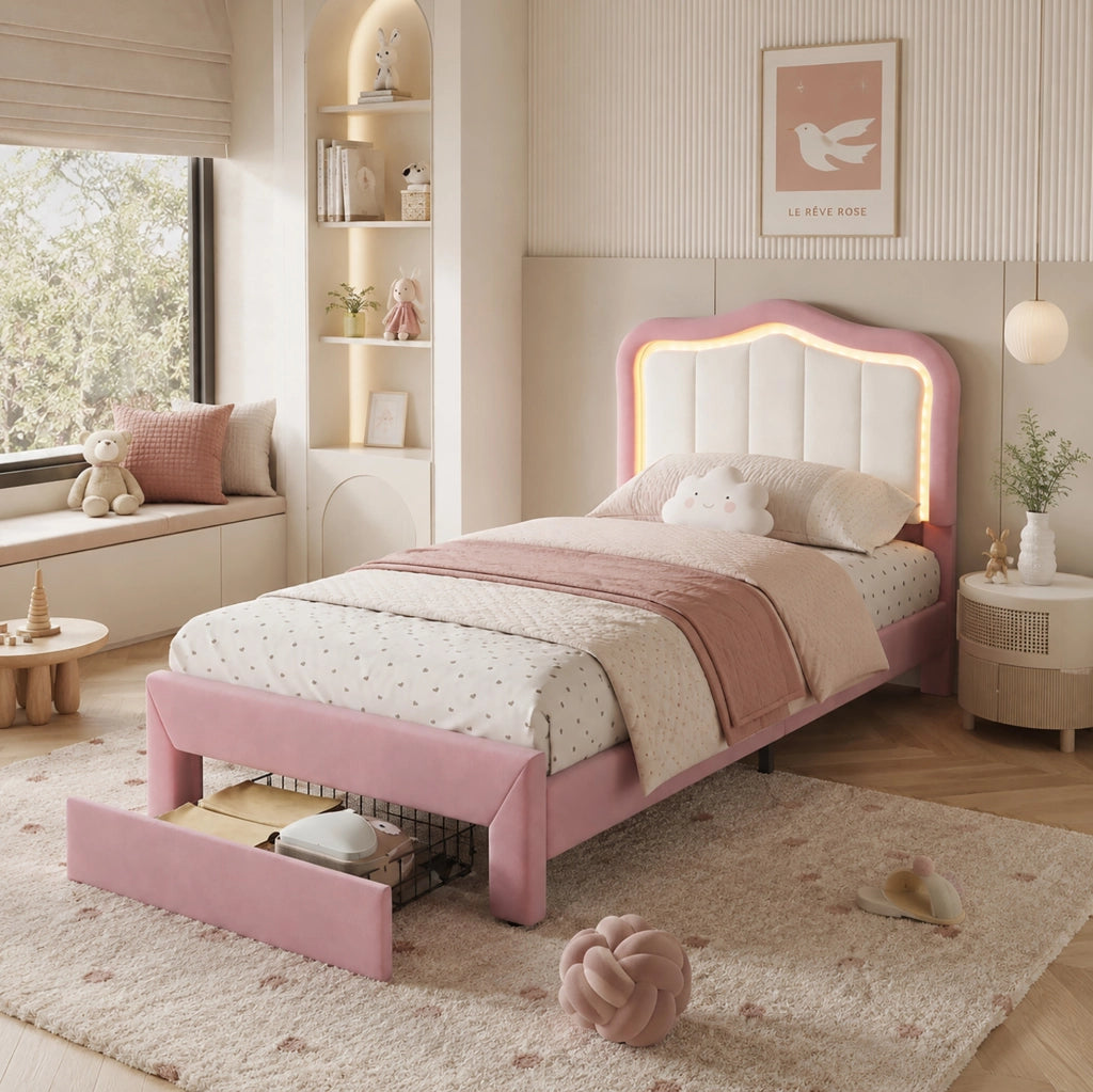 Letto singolo imbottito rosa 90 x 200 cm con cassetto e luce LED