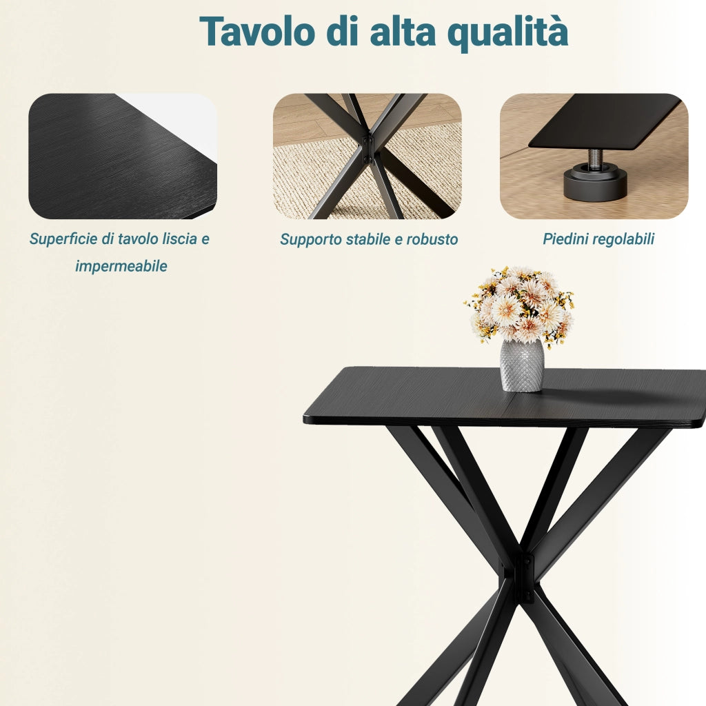 Tavolo quadrato 80x80x75 cm con struttura a X; piedini regolabili; metallo e pannello truciolare nero