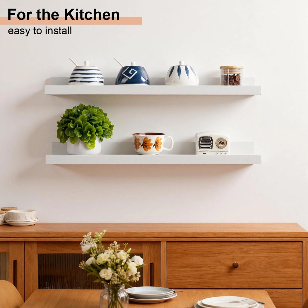 Set di 2 mensole a parete, colore bianco, 60 cm, in legno, con bordo