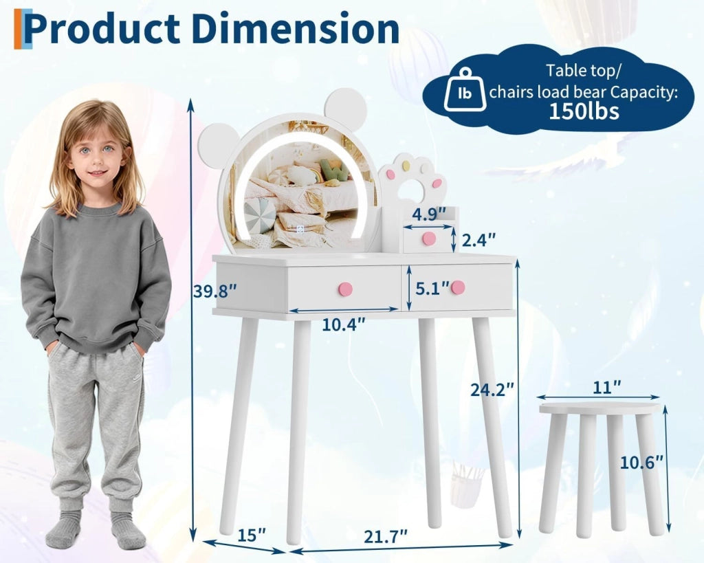 Toilette per Bambine in Legno con Specchio Orso Luminoso LED e Sgabello - Tavolo da Trucco Principessa con Cassetti di Ricovero