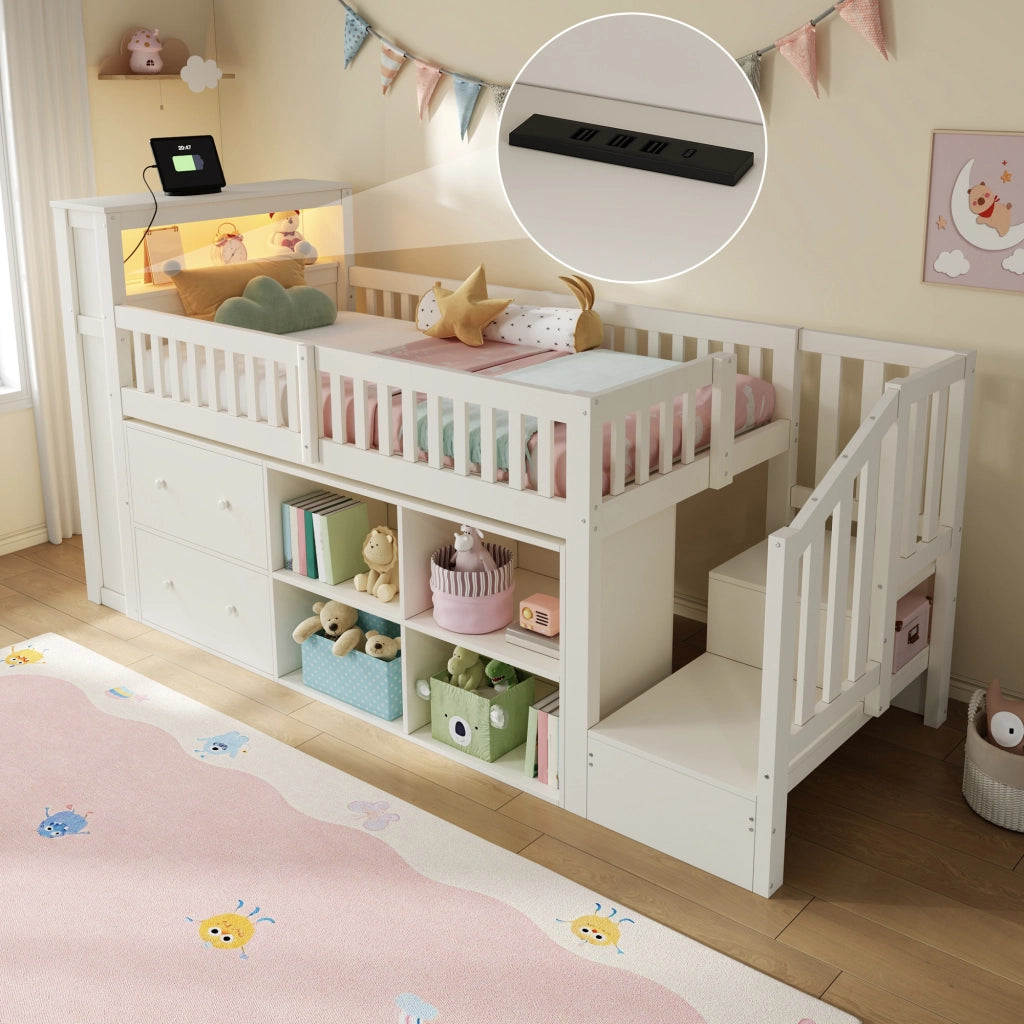 Letto a soppalco 90 × 200 cm con scala contenitore LED USB e USB C in legno di pino e MDF bianco