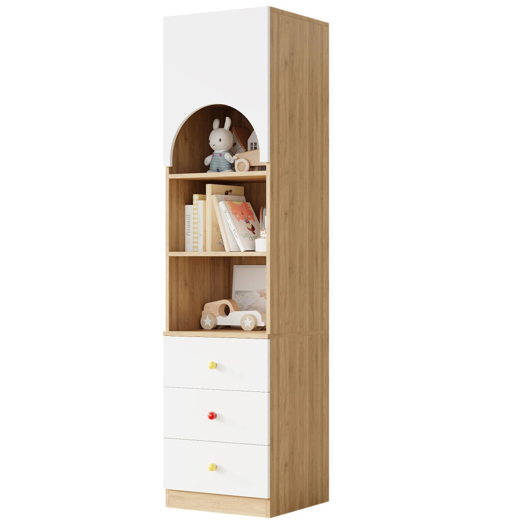 Libreria con anta e tre cassetti, bianca ed effetto legno, 50 × 50 × 200 cm