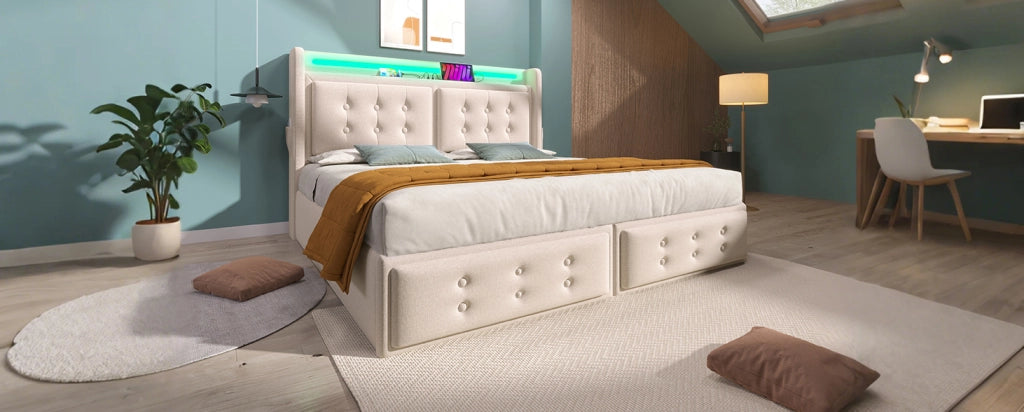 Letto matrimoniale beige 180x200 cm con testiera imbottita in cotone, struttura in legno e metallo, funzione di ricarica USB-C e illuminazione LED, portata 300 kg (senza materasso)