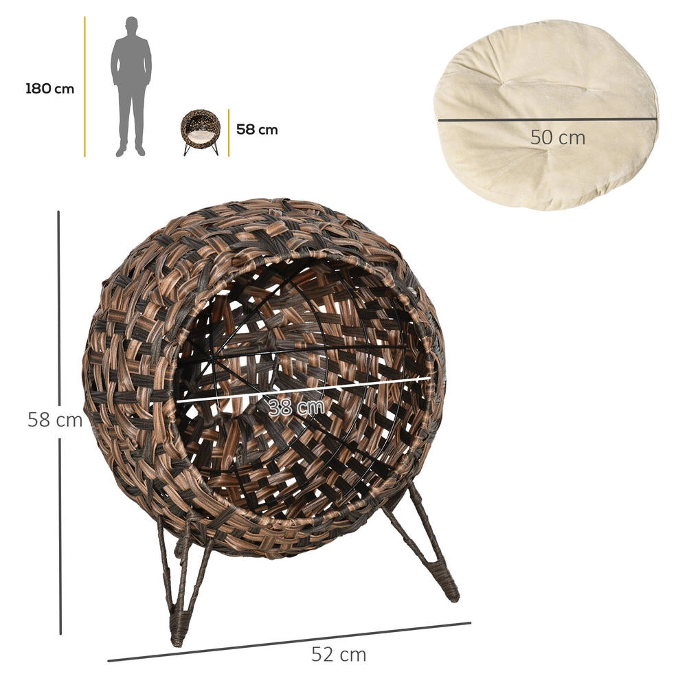 Cuccia per Gatti in Rattan con Cuscino Morbido Casetta Rialzata Robusta per Casa e Interno Marrone Ø52 x 58 cm