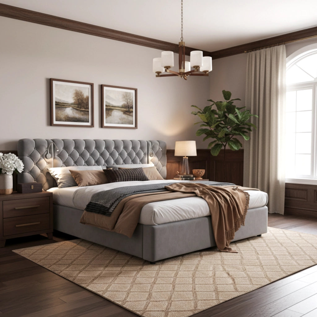 Letto contenitore 160 ¡Á 200 cm con due comodini rete a doghe in legno rivestito in lino grigio e nero