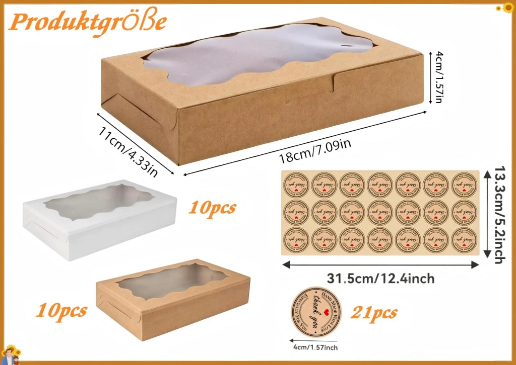 Scatole in cartoncino kraft con finestra trasparente, confezione da 20 pezzi, dimensioni 18x11x4 cm, colore bianco e marrone