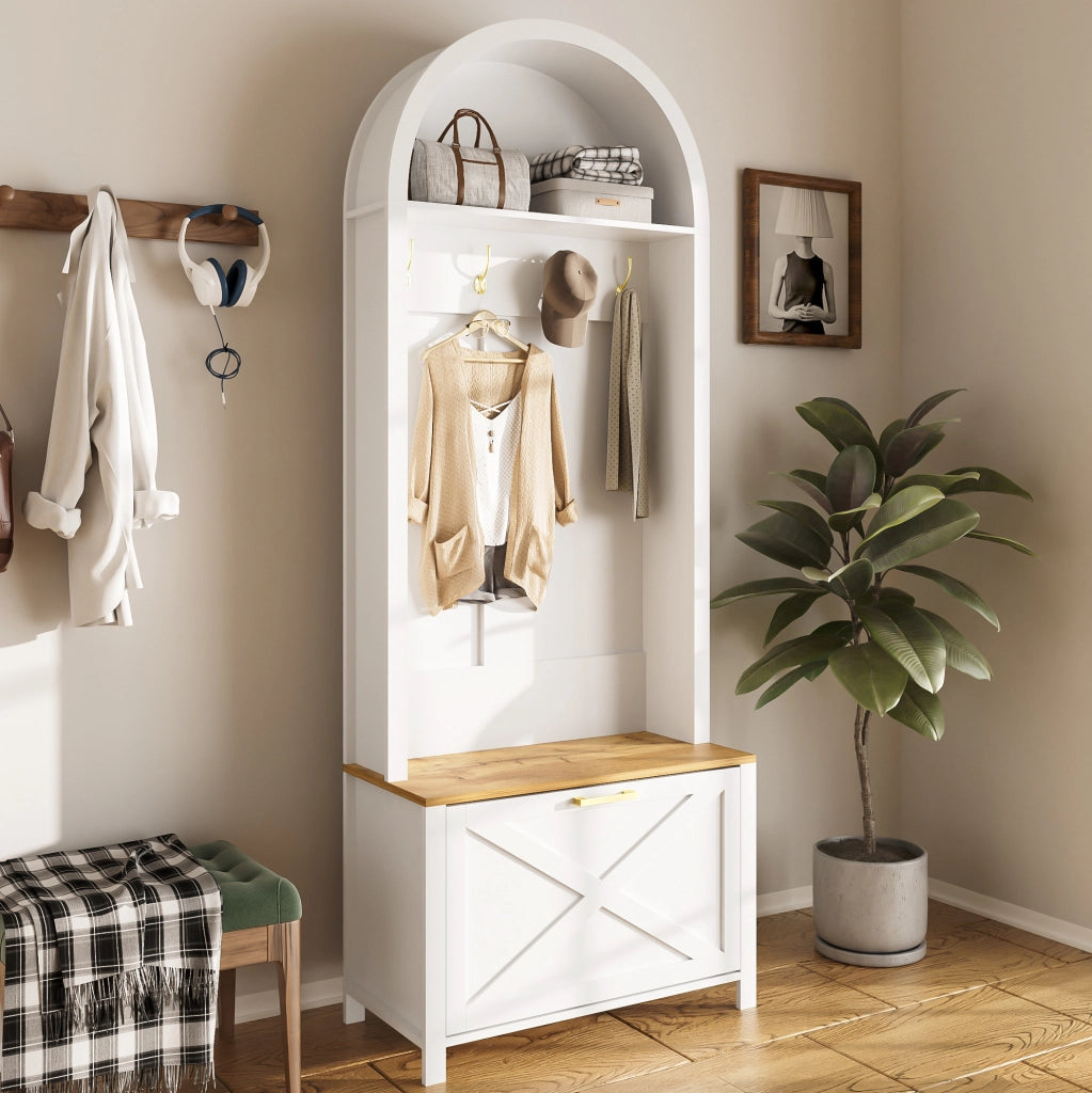 Guardaroba da ingresso 75x35x195 cm in MDF bianco e legno con scarpiera