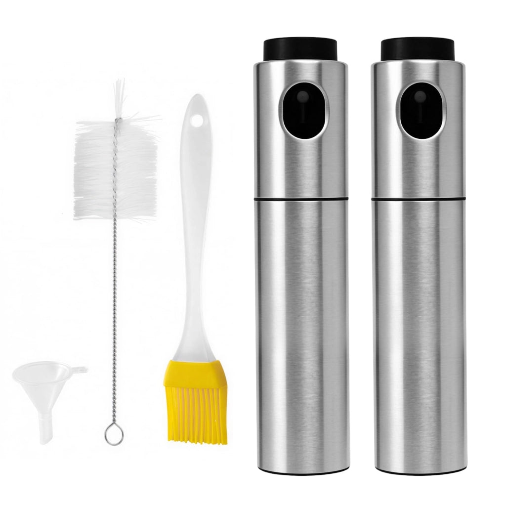 2 flaconi spray per olio, nebulizzatore per olio, flacone spray in acciaio inox, con pennello per olio in silicone, imbuto e spazzola per la pulizia, per appassionati di fitness, adatto per il controllo dei grassi