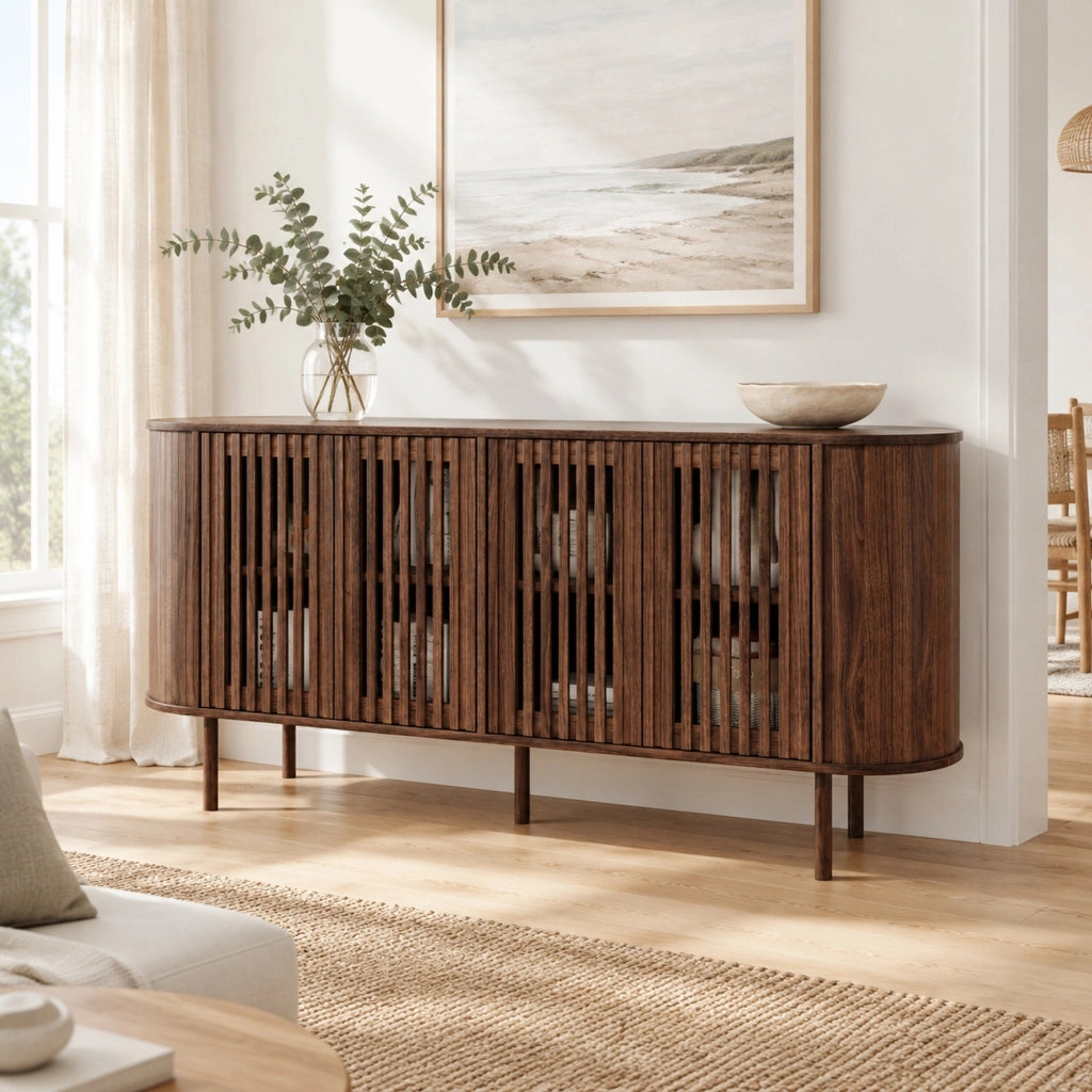 Credenza 160x40x70 cm in MDF con 4 ante scorrevoli traforate e ripiani regolabili; noce
