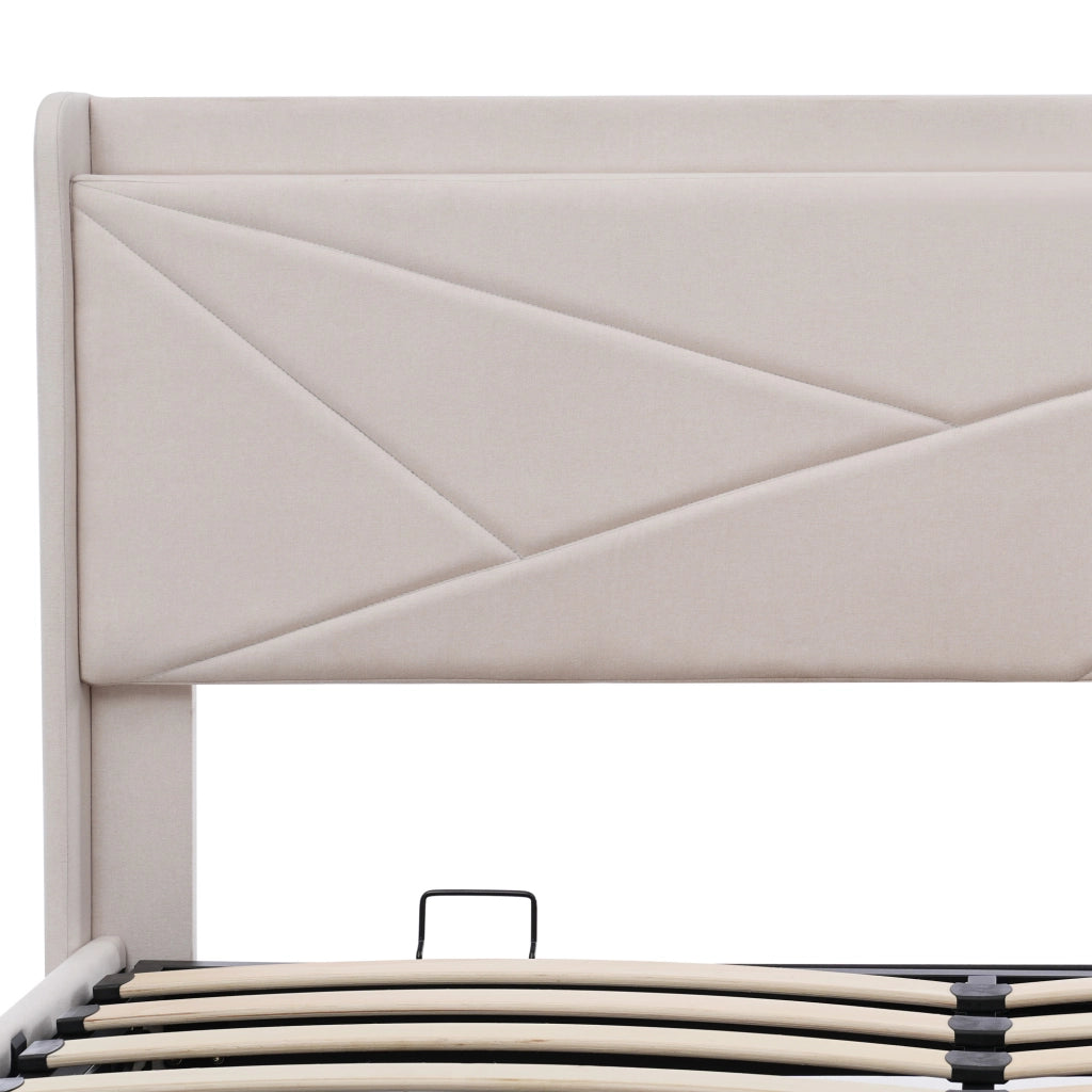 Letto matrimoniale con contenitore 140 ¡Á 200 cm con testiera imbottita USB e Type-C rivestito in cotone e lino beige