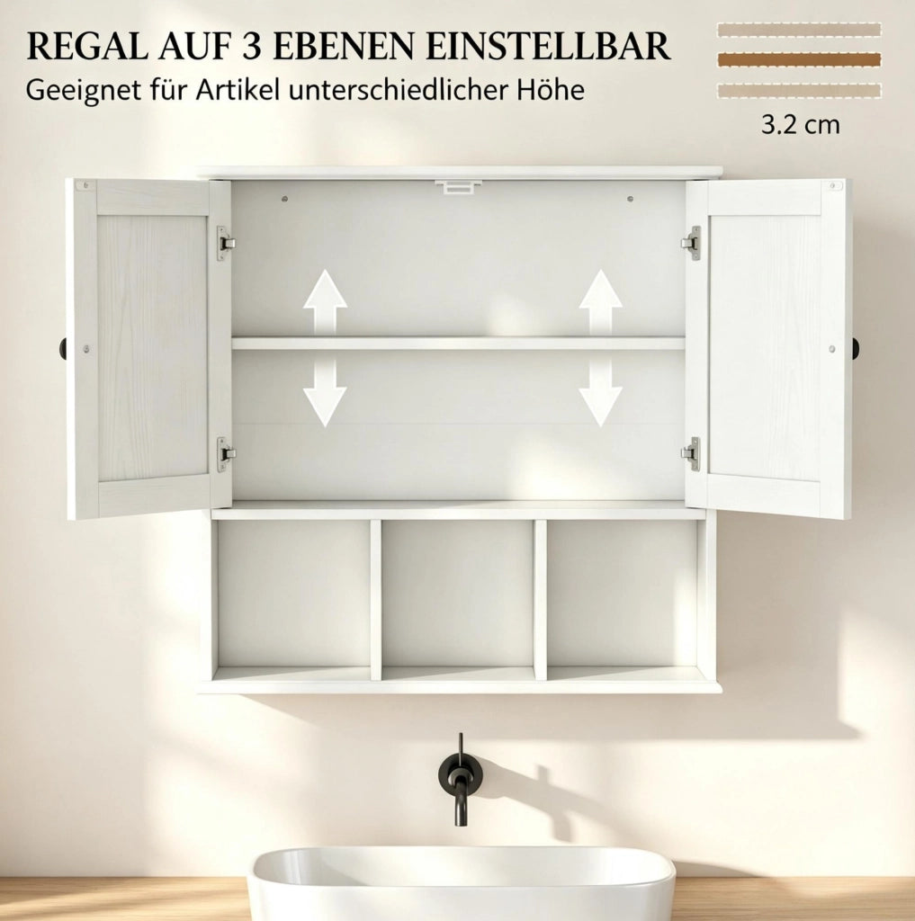 Mobile da bagno a parete in MDF bianco con 2 ante e ripiano regolabile, 60x19,5x60 cm